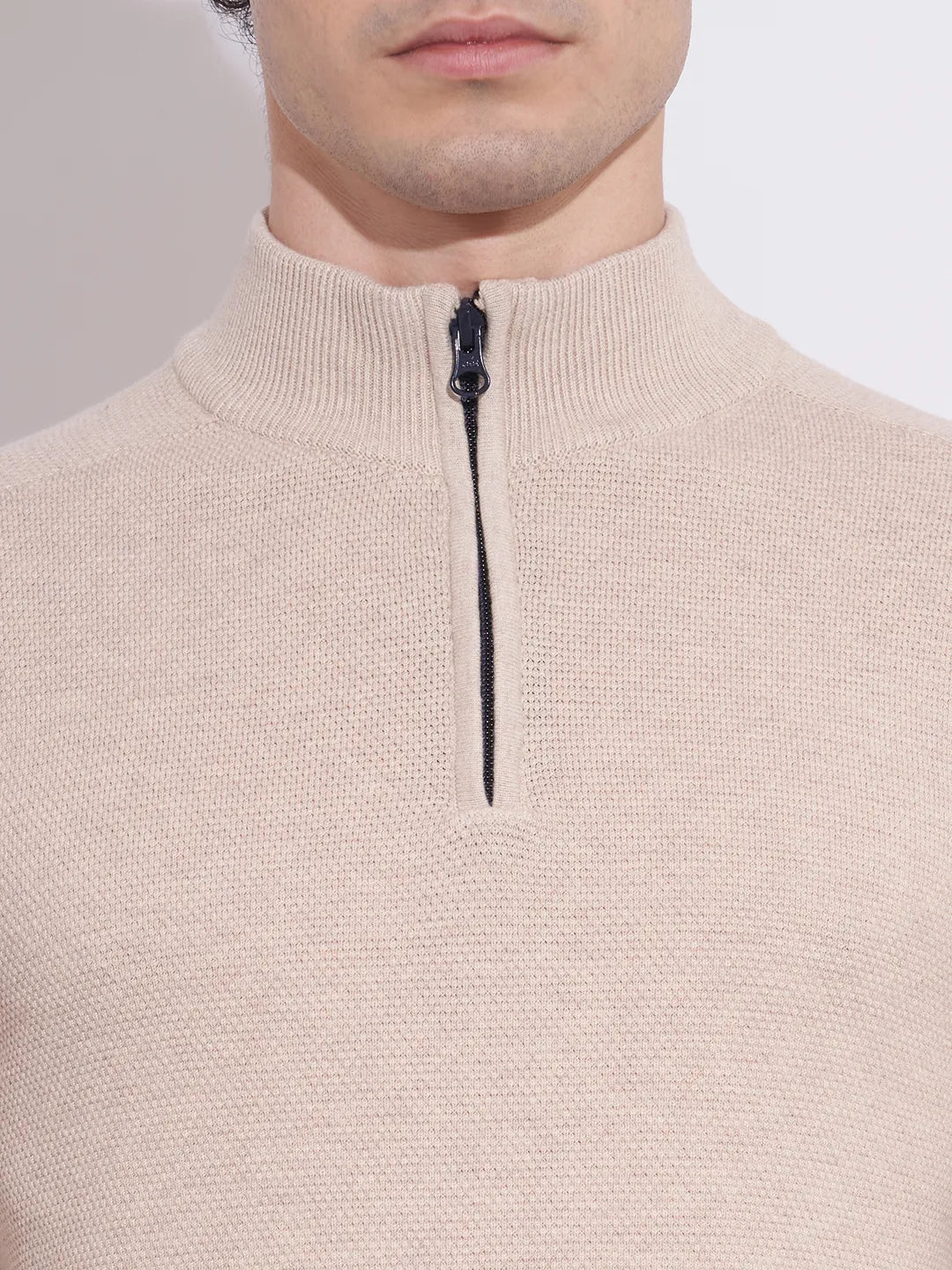 Being Human Men's Beige Textured Half-Zip Sweatshirt