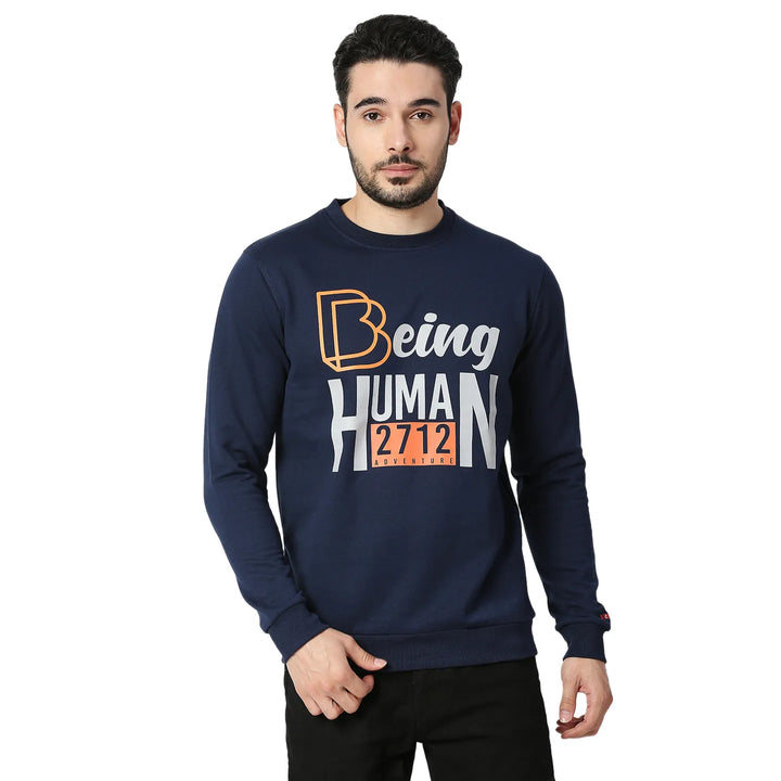 Blue Regular Fit Round Neck Long Sleeves Cotton Men's Sweatshirt