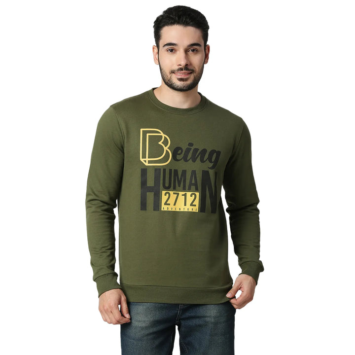 Olive Regular Fit Round Neck Long Sleeves Cotton Men's Sweatshirt