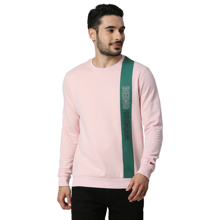 Pink Regular Fit Round Neck Long Sleeves Cotton Men's Sweatshirt