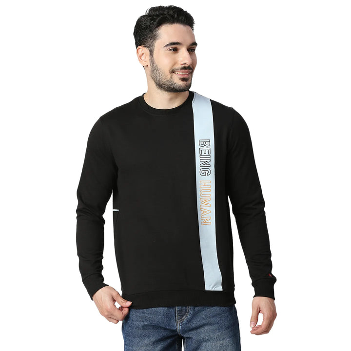Black Regular Fit Round Neck Long Sleeves Cotton Men's Sweatshirt