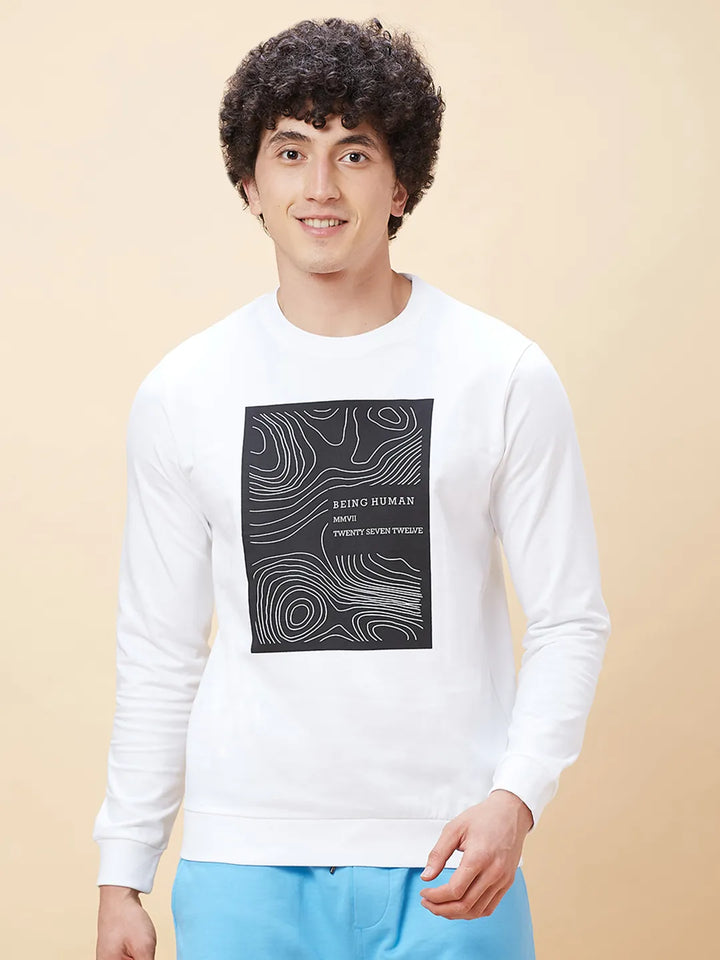 White Regular Fit Round Neck Long Sleeves Men's Sweatshirt