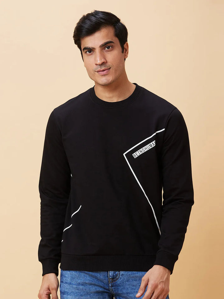Black Regular Fit Round Neck Long Sleeves Men's Sweatshirt