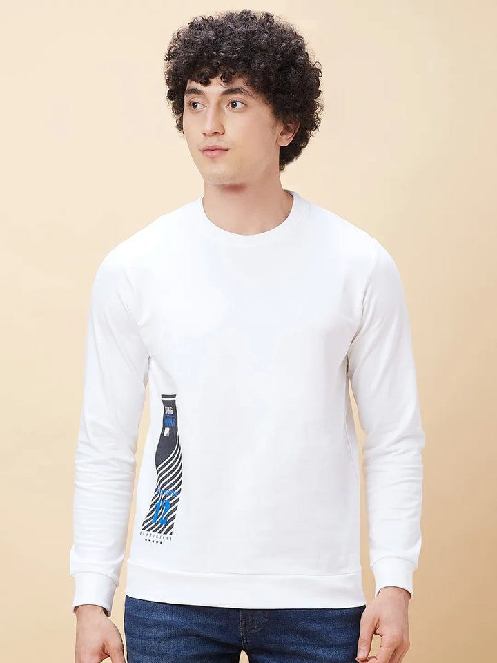 White Regular Fit Round Neck Long Sleeves Men's Sweatshirt