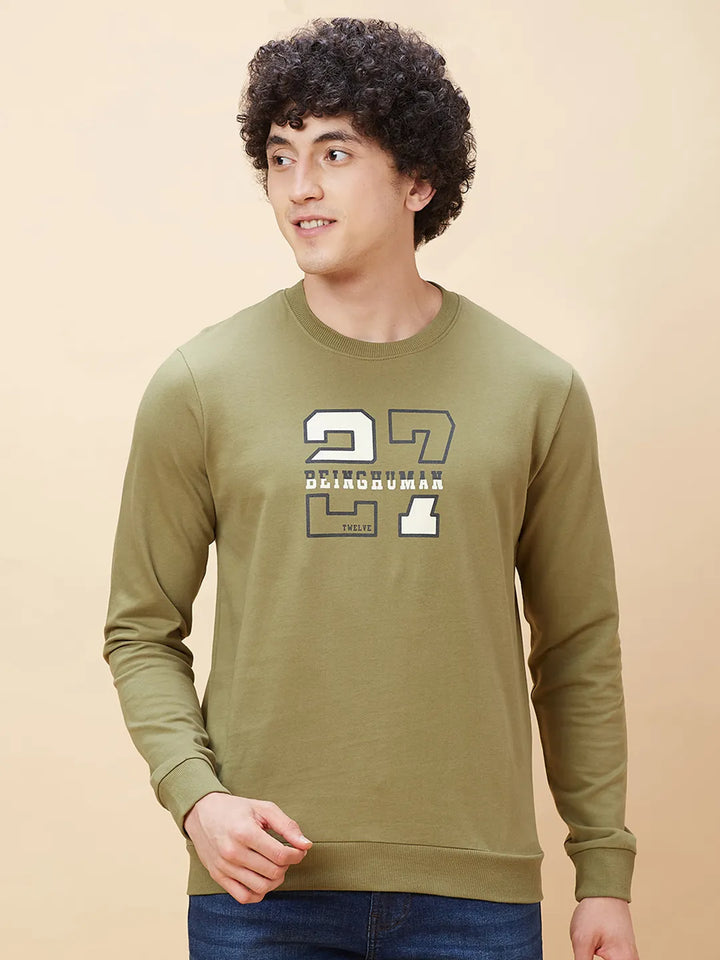 Olive Regular Fit Round Neck Long Sleeves Men's Sweatshirt