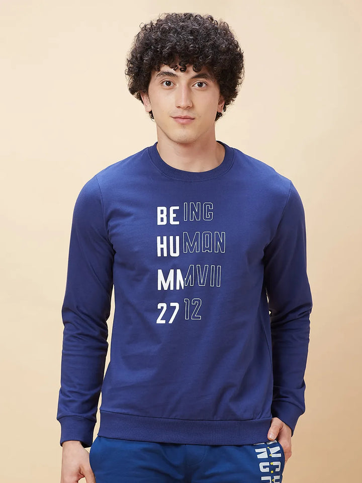 Blue Regular Fit Round Neck Long Sleeves Men's Sweatshirt