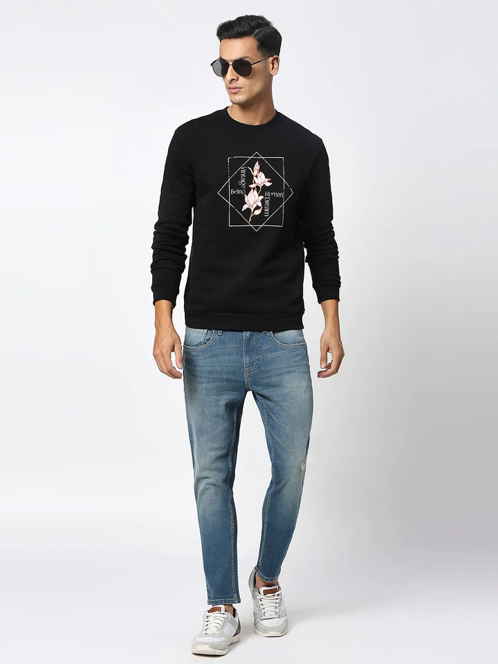 Black Regular Fit Round Neck Long Sleeves Men's Sweatshirt