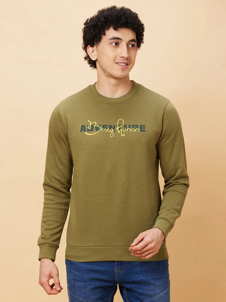 Olive Regular Fit Round Neck Long Sleeves Men's Sweatshirt