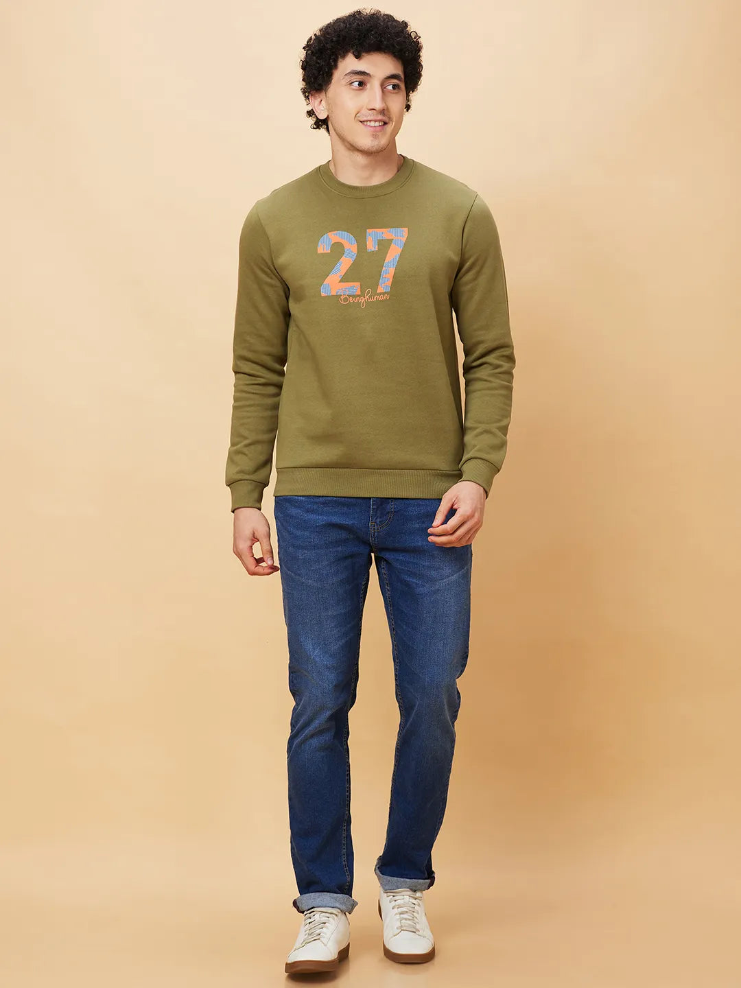 Olive Regular Fit Round Neck Long Sleeves Men's Sweatshirt by Being Human Clothing