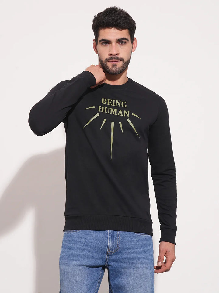 Black Regular Fit Round Neck Long Sleeves Men's Sweatshirt