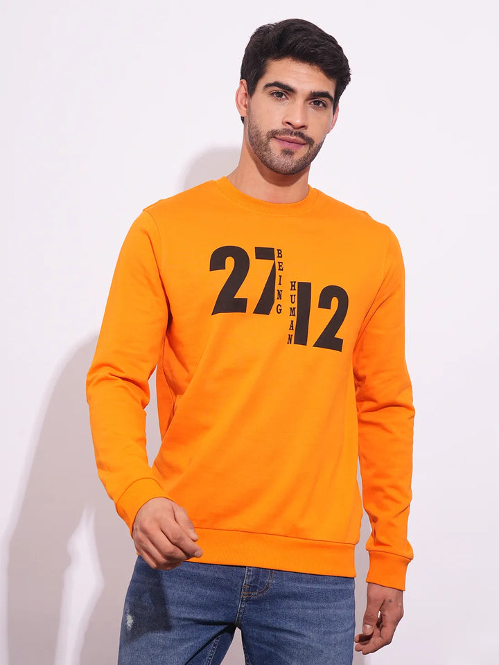 Orange Regular Fit Round Neck Long Sleeves Men's Sweatshirt