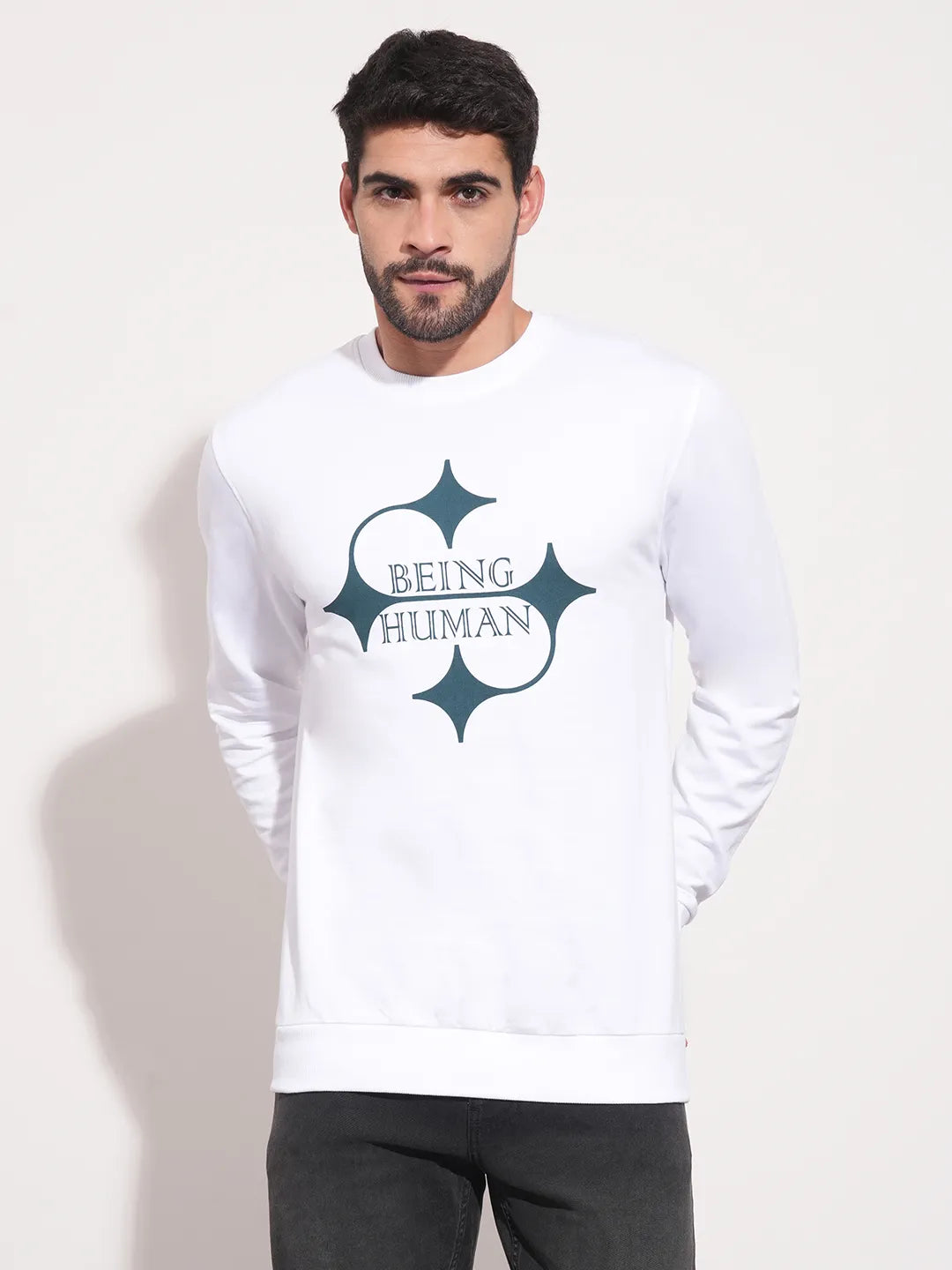 White Regular Fit Round Neck Long Sleeves Men's Sweatshirt by Being Human Clothing