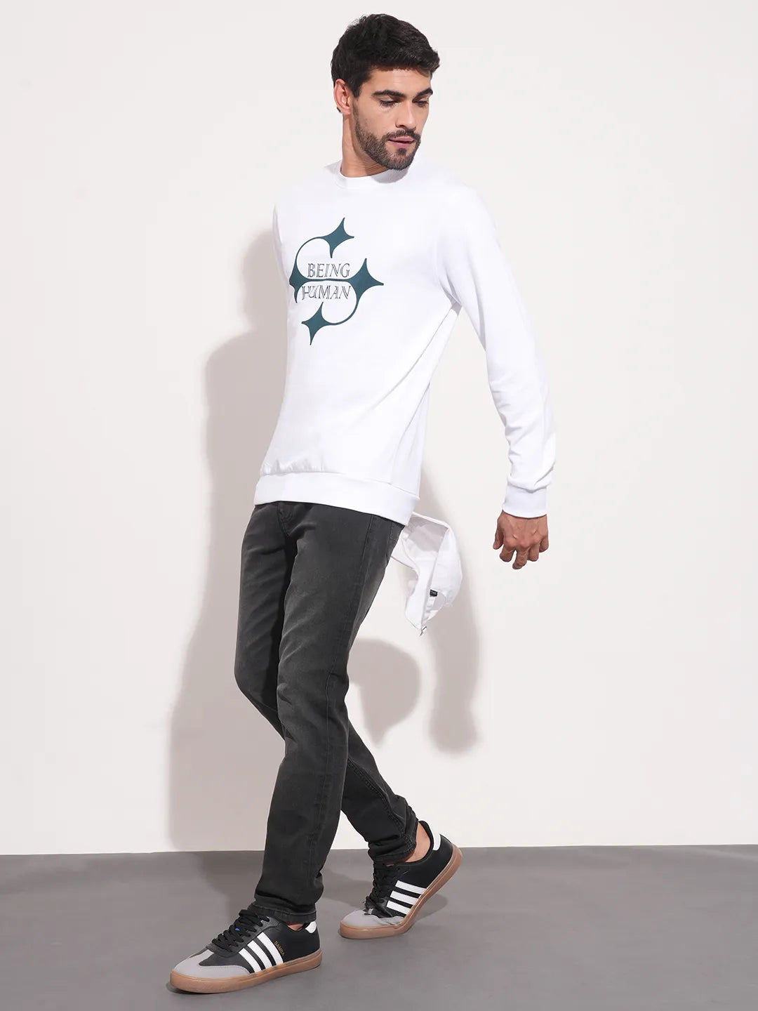 White Regular Fit Round Neck Long Sleeves Men's Sweatshirt by Being Human Clothing