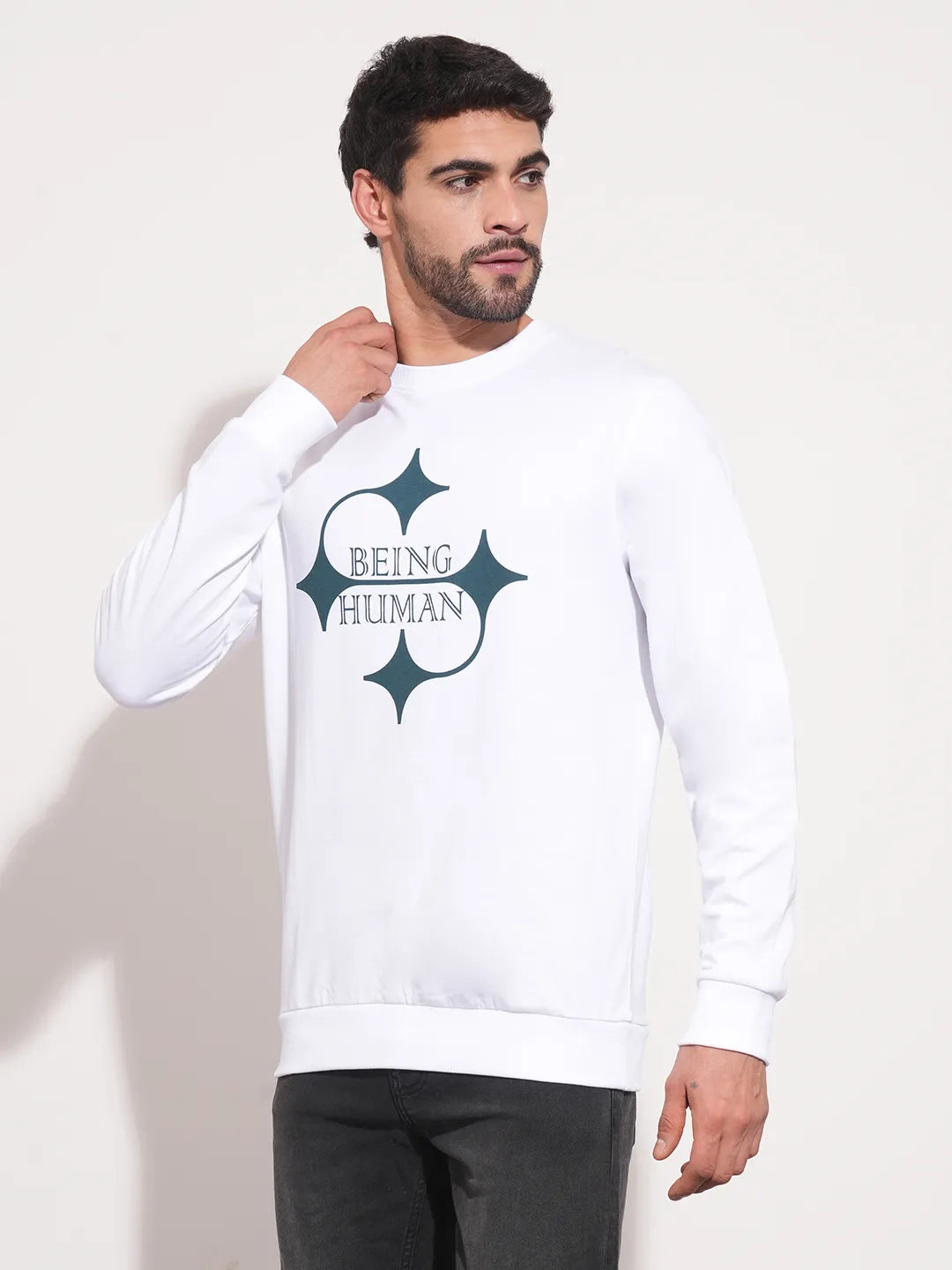 White Regular Fit Round Neck Long Sleeves Men's Sweatshirt by Being Human Clothing