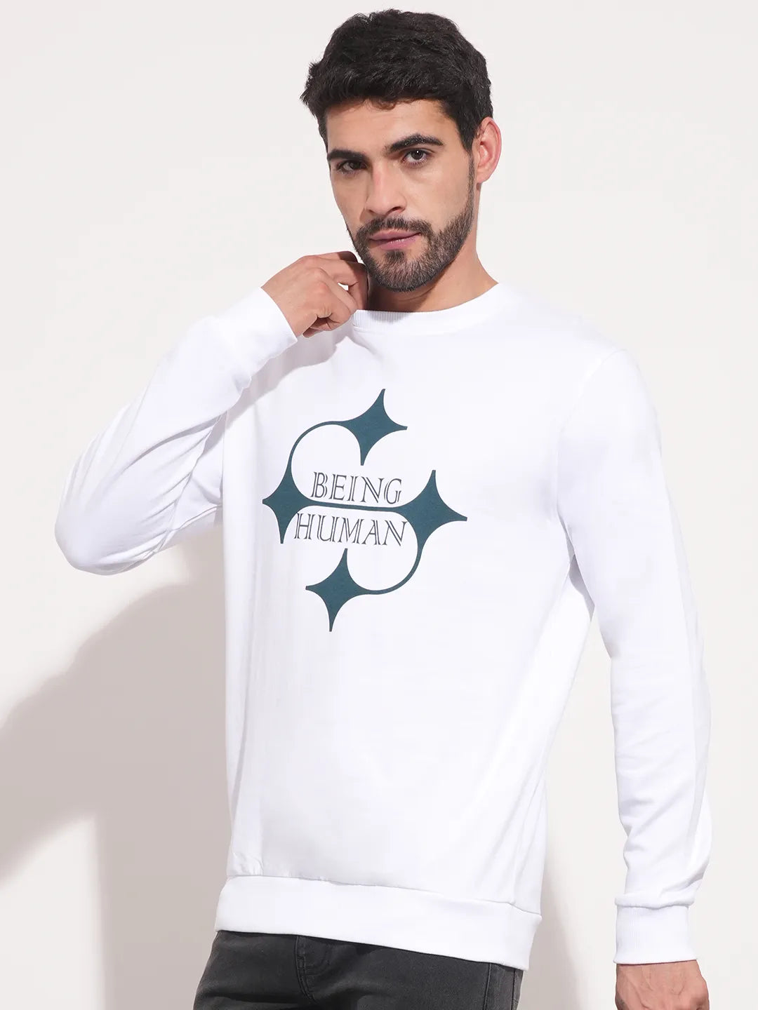 White Regular Fit Round Neck Long Sleeves Men's Sweatshirt by Being Human Clothing
