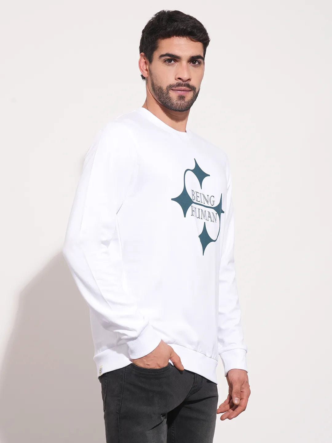 White Regular Fit Round Neck Long Sleeves Men's Sweatshirt by Being Human Clothing