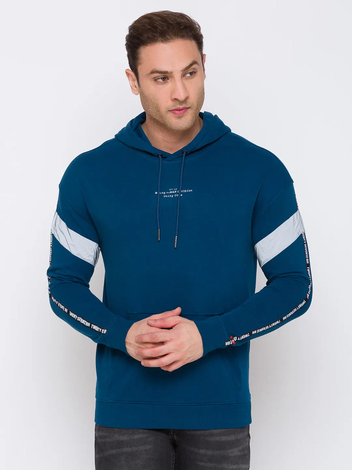 Blue Regular Fit  Long Sleeves Cotton Men's Hoodie