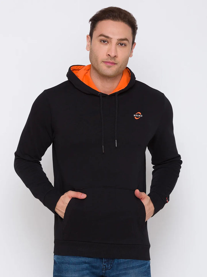 Black Regular Fit  Long Sleeves Cotton Men's Hoodie