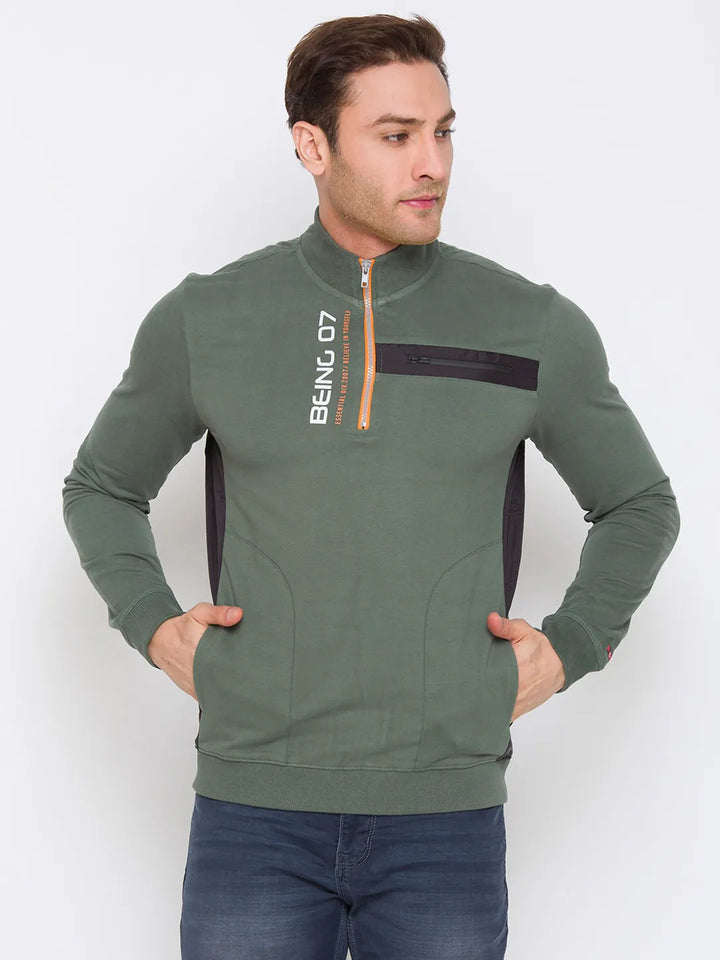 Green Regular Fit Round Neck Long Sleeves Cotton Men's Sweatshirt