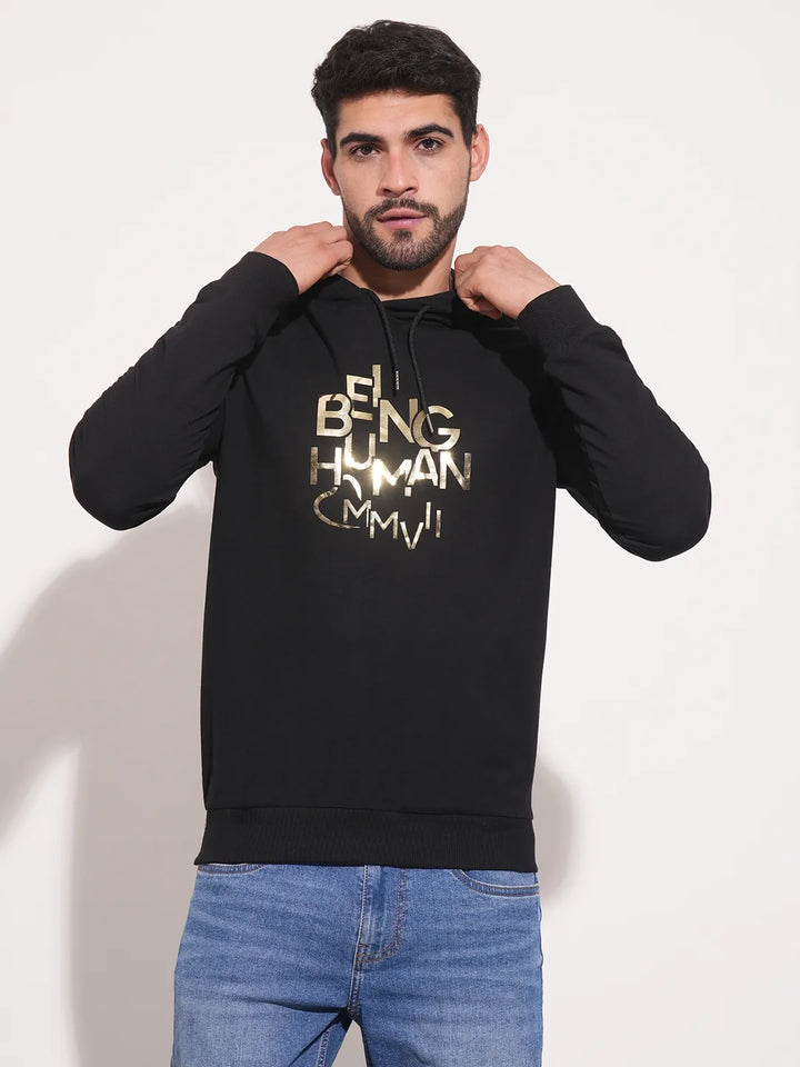 Black Regular Fit  Long Sleeves Men's Hoodie
