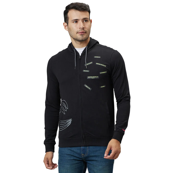 Black Regular Fit  Long Sleeves Men's Hoodie