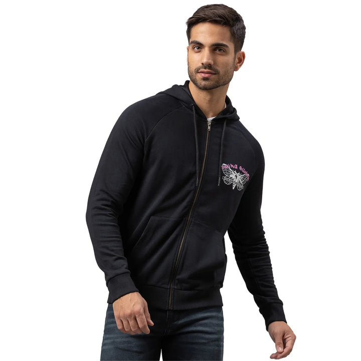 Black Regular Fit  Long Sleeves Cotton Men's Hoodie
