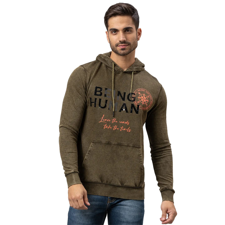 Olive Regular Fit  Long Sleeves Cotton Men's Hoodie
