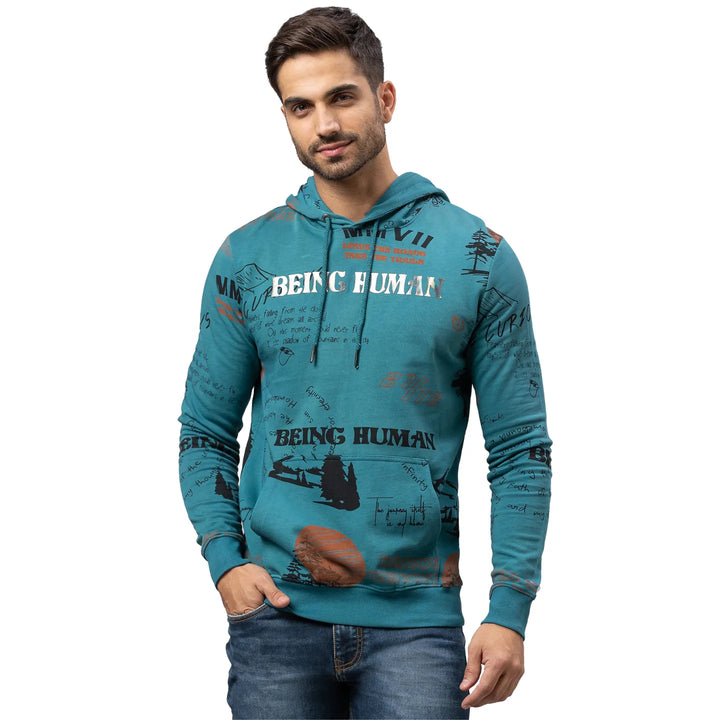 Dark Teal Regular Fit  Long Sleeves Cotton Men's Hoodie by Being Human Clothing