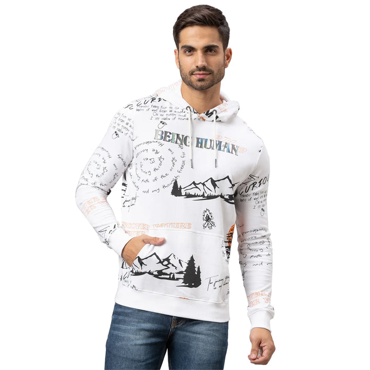 White Regular Fit  Long Sleeves Cotton Men's Hoodie