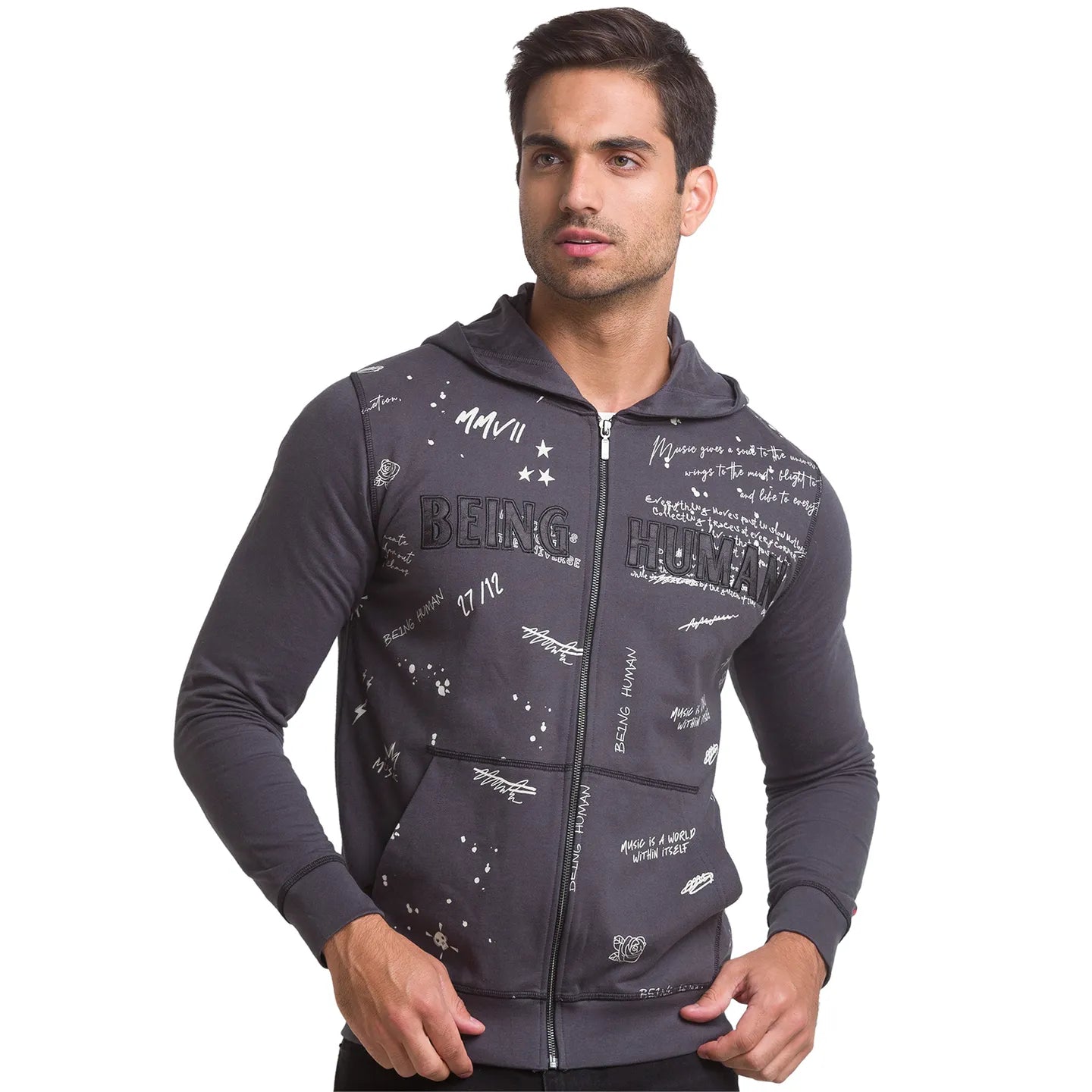 Being Human Clothing Men Regular Fit Crew Neck Hoody-Charcoal