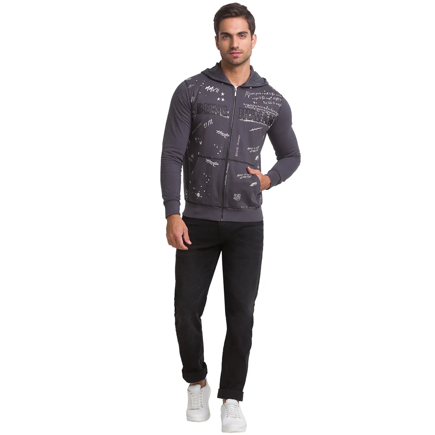 Being Human Clothing Men Regular Fit Crew Neck Hoody-Charcoal