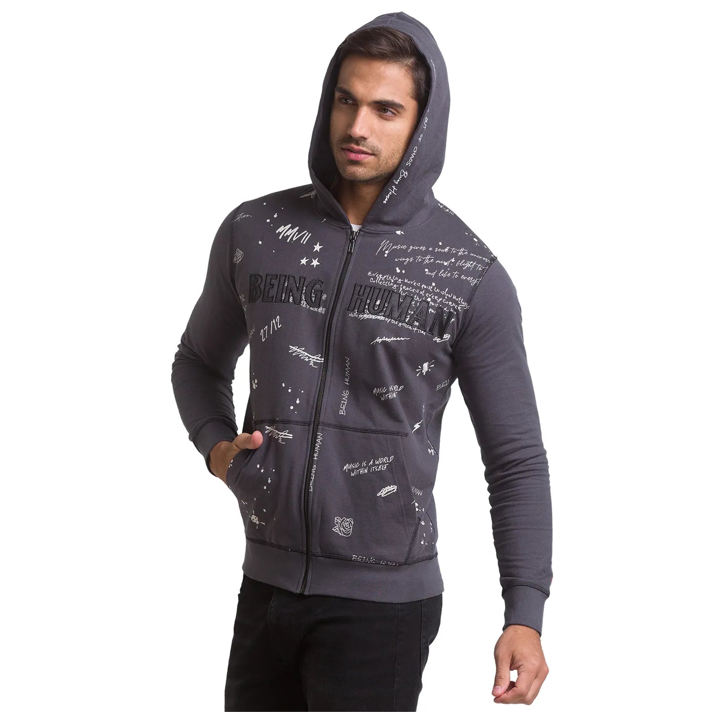 Being Human Clothing Men Regular Fit Crew Neck Hoody-Charcoal