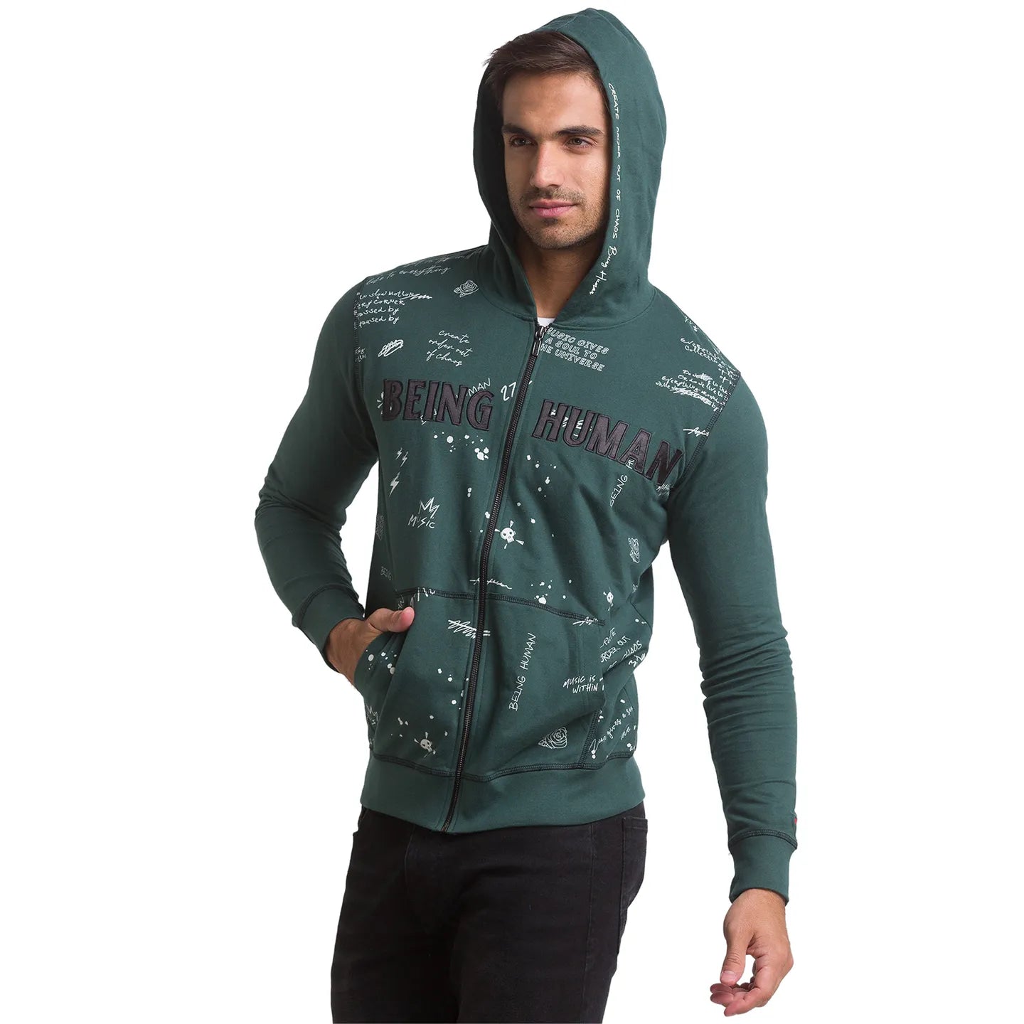 Being Human Clothing Men Regular Fit Crew Neck Hoody-Forest Green