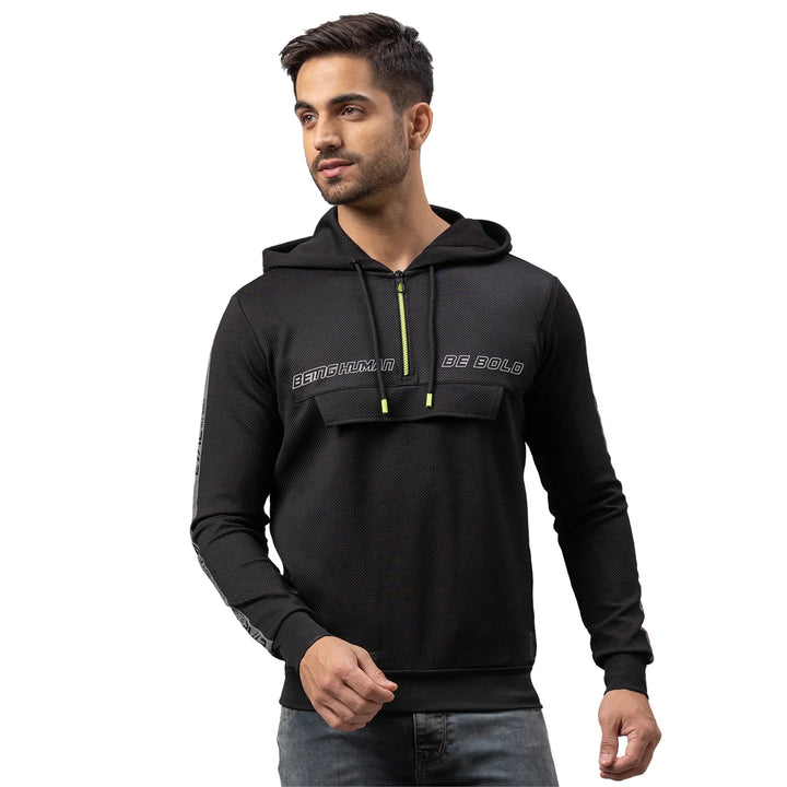 Black Regular Fit Round Neck Long Sleeves Cotton Men's Hoodie