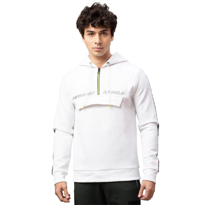 White Regular Fit Round Neck Long Sleeves Cotton Men's Hoodie