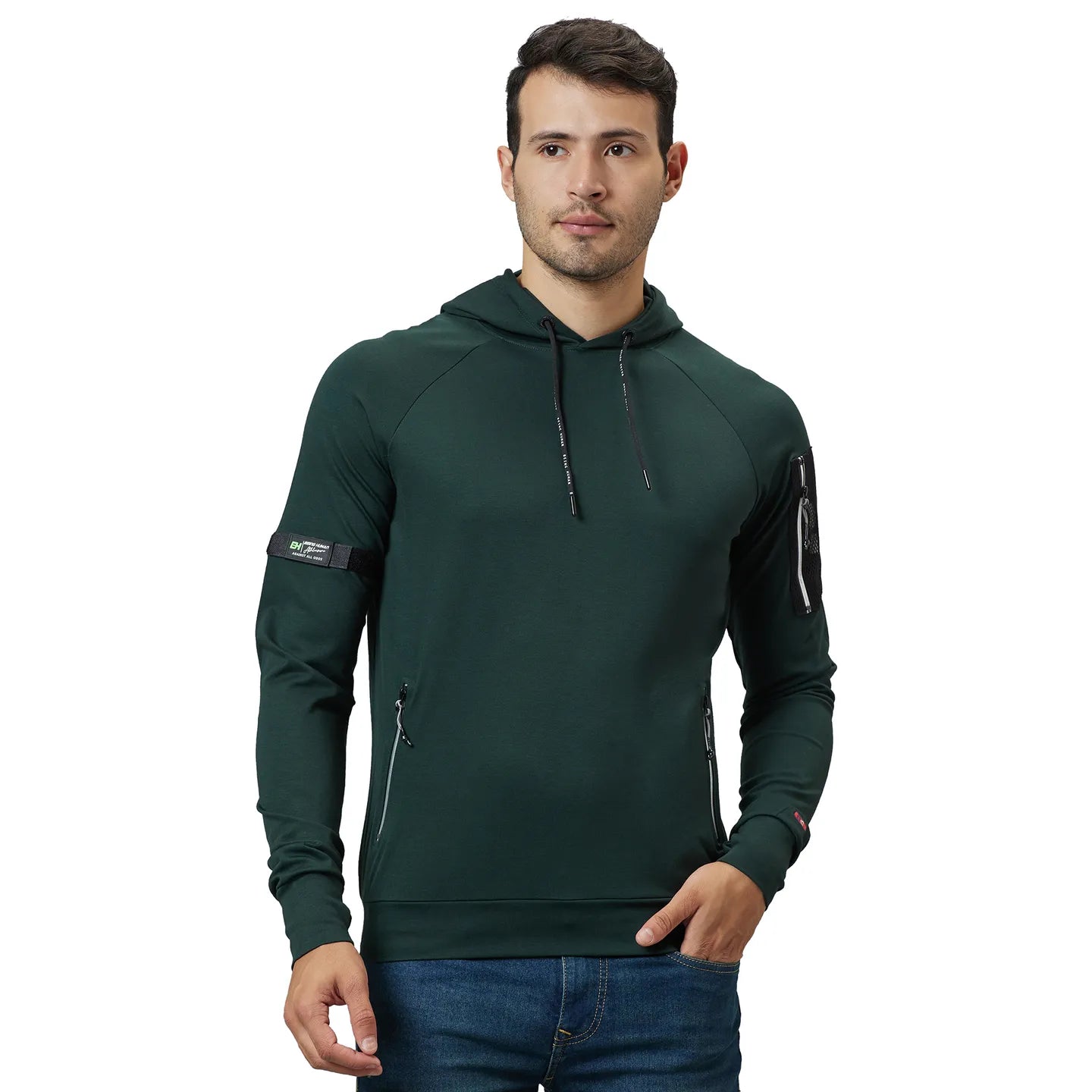 Green Regular Fit  Long Sleeves Rayon And Nylon Men's Hoodie by Being Human Clothing