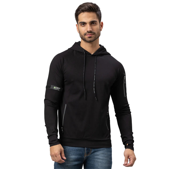 Black Regular Fit  Long Sleeves Rayon And Nylon Men's Hoodie