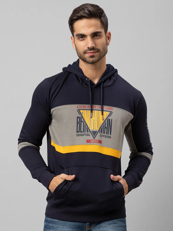 Navy Regular Fit  Long Sleeves Cotton Men's Hoodie