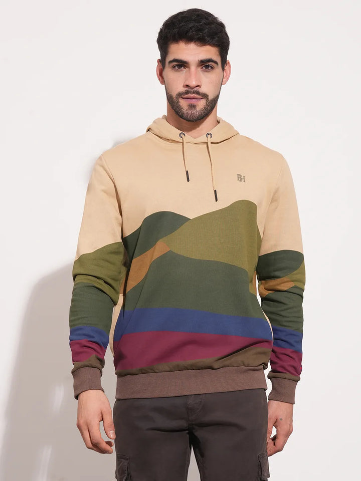 Beige Regular Fit Round Neck Long Sleeves Men's Hoodie