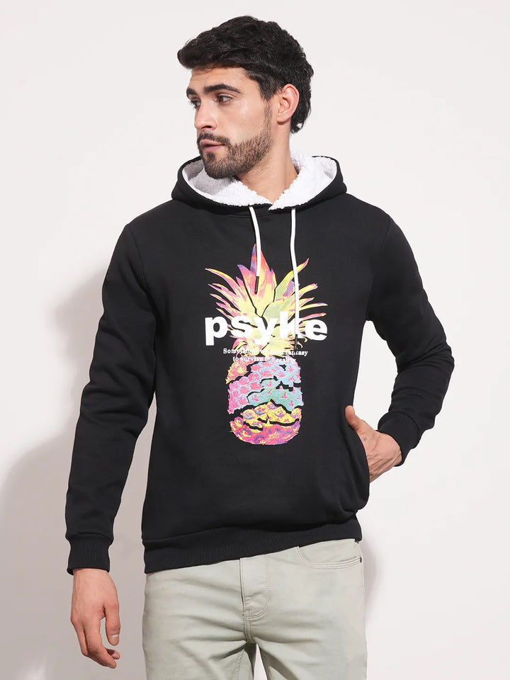 Black Regular Fit  Long Sleeves Men's Hoodie
