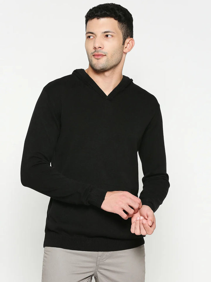 Black Regular Fit  Long Sleeves Men's Hoodie