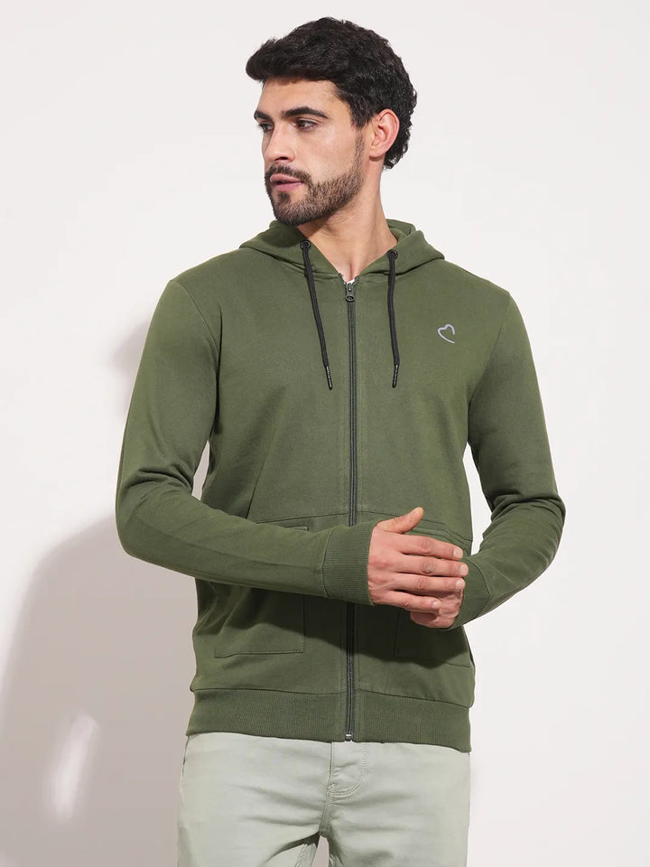 Olive Regular Fit Round Neck Long Sleeves Men's Hoodie