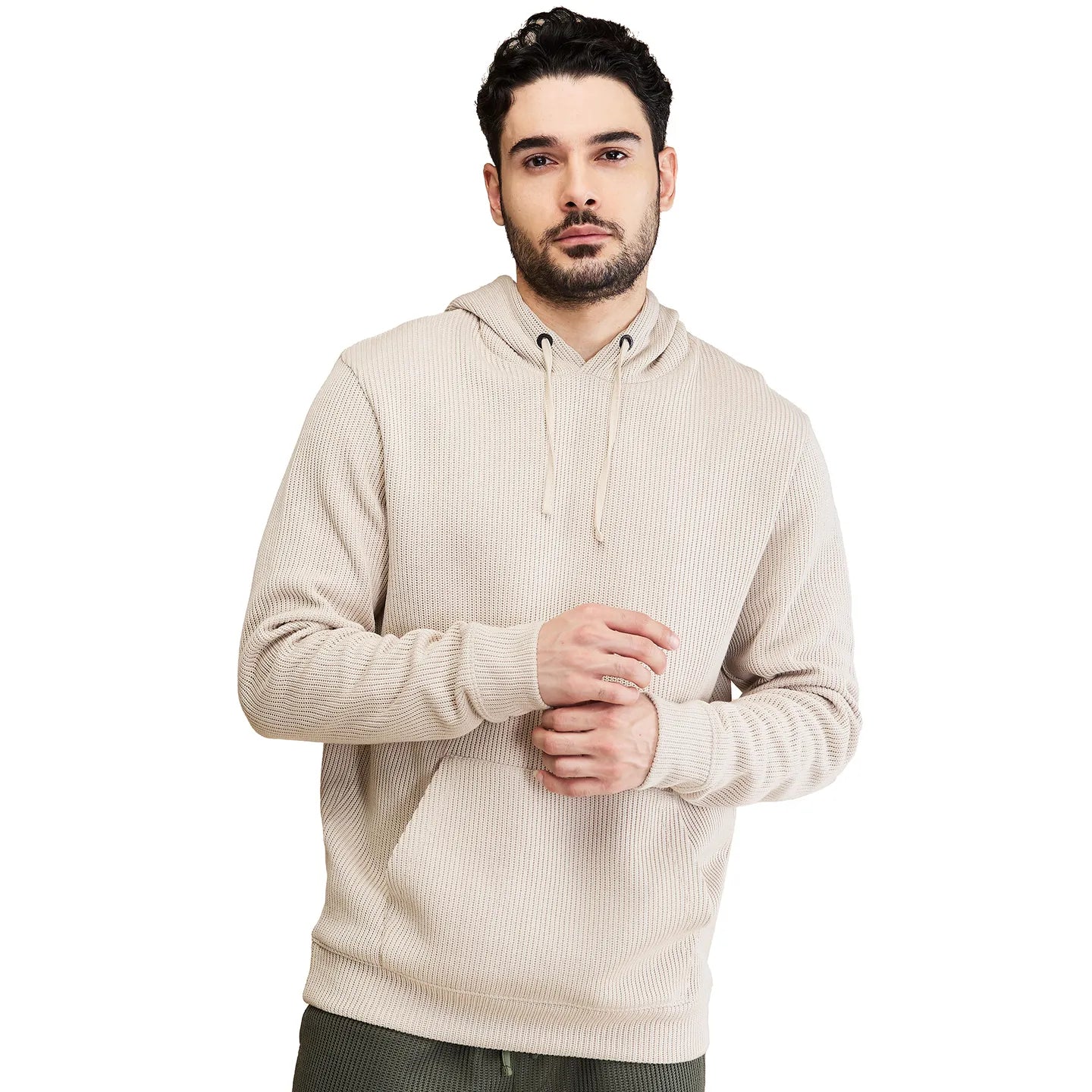 Beige Regular Fit  Long Sleeves Men's Hoodie by Being Human Clothing