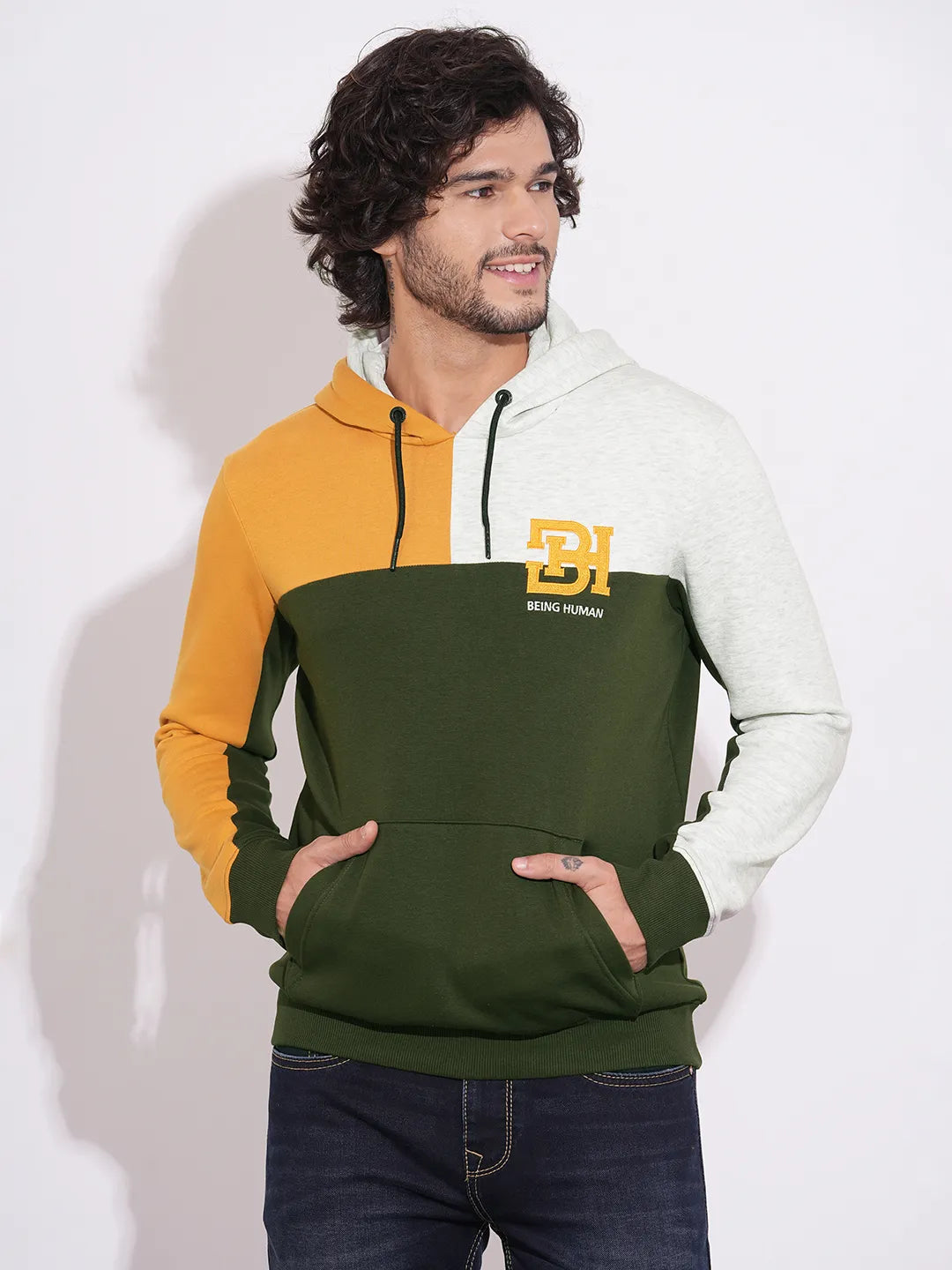 Olive Regular Fit  Long Sleeves Cotton Blend Men's Hoodie by Being Human Clothing