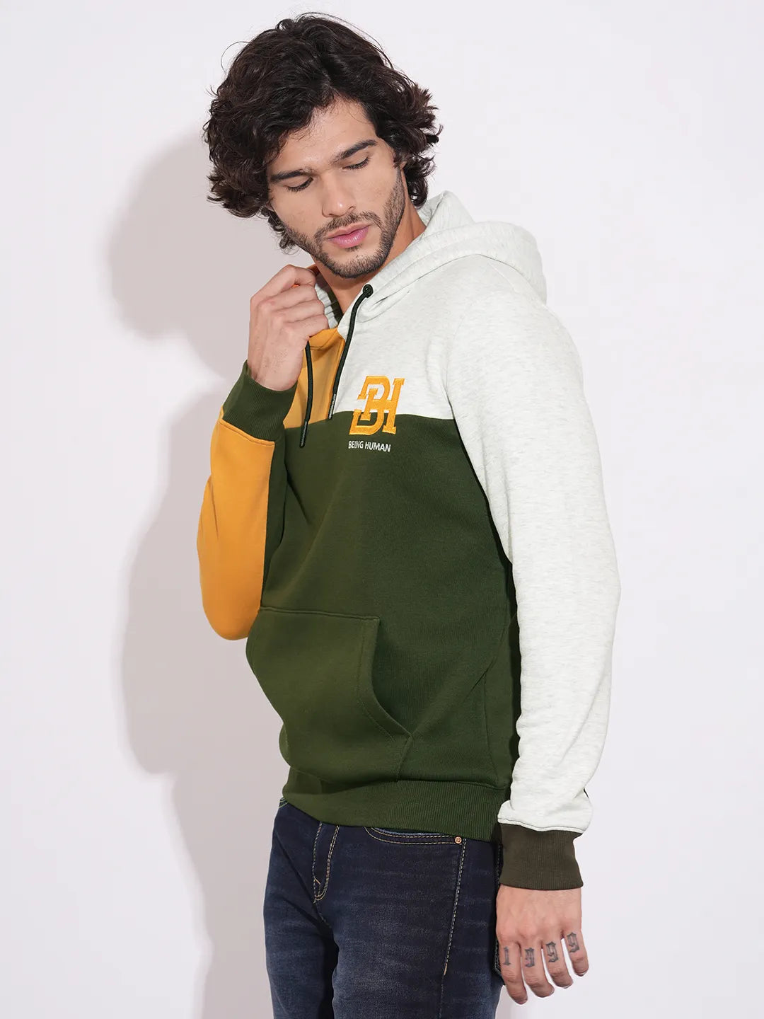 Olive Regular Fit  Long Sleeves Cotton Blend Men's Hoodie by Being Human Clothing