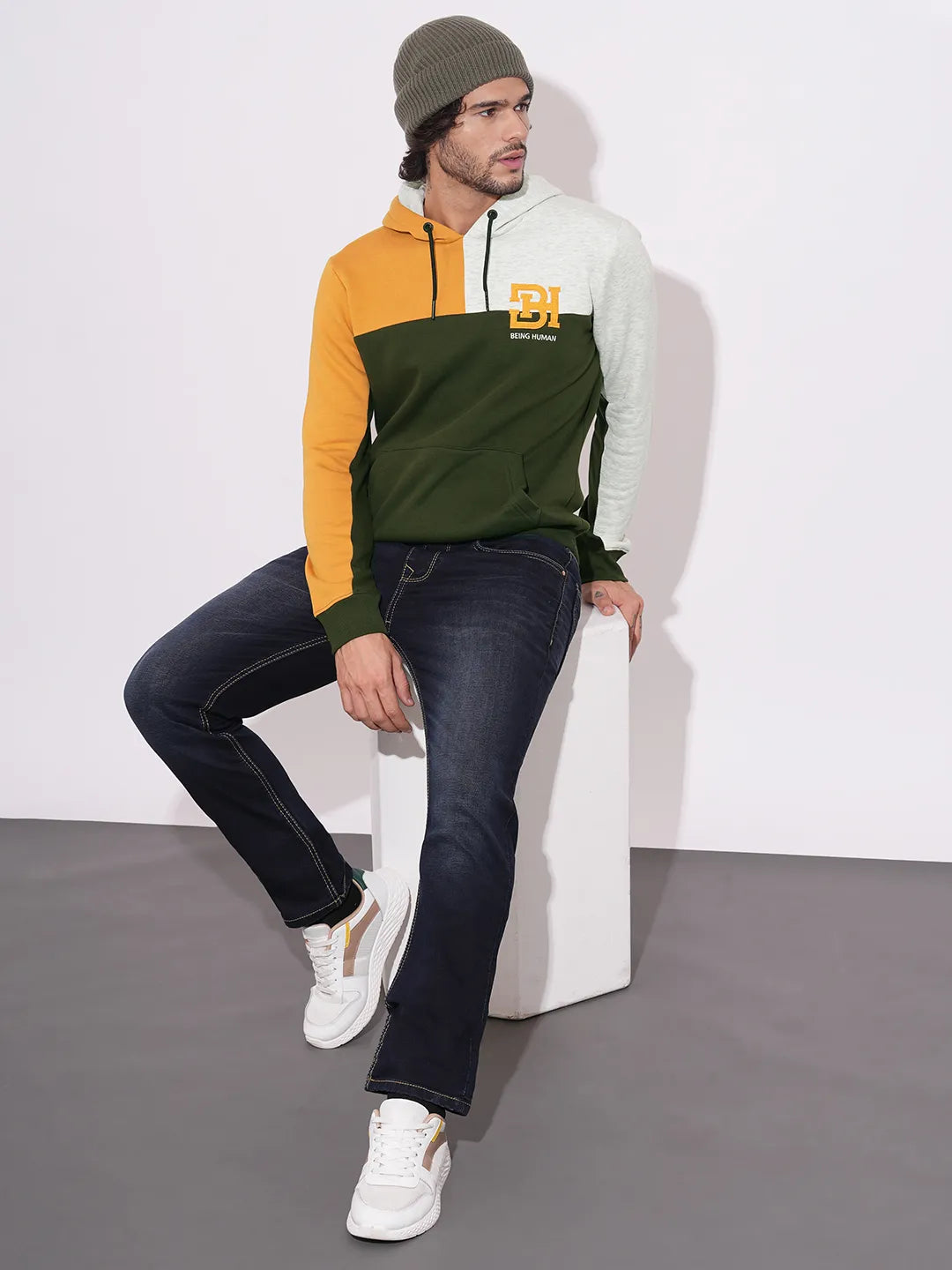 Olive Regular Fit  Long Sleeves Cotton Blend Men's Hoodie by Being Human Clothing