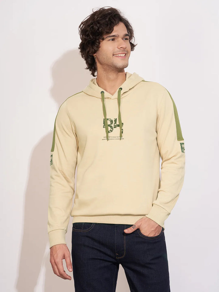 Beige Regular Fit  Long Sleeves Cotton Blend Men's Hoodie