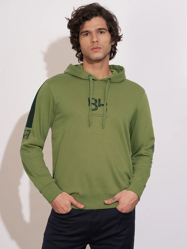 Olive Regular Fit  Long Sleeves Cotton Blend Men's Hoodie