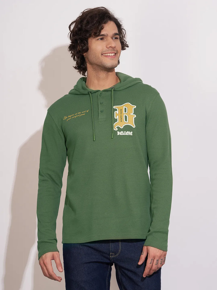 Green Regular Fit  Long Sleeves Cotton Men's Hoodie