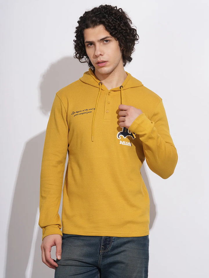 Yellow Regular Fit  Long Sleeves Cotton Men's Hoodie